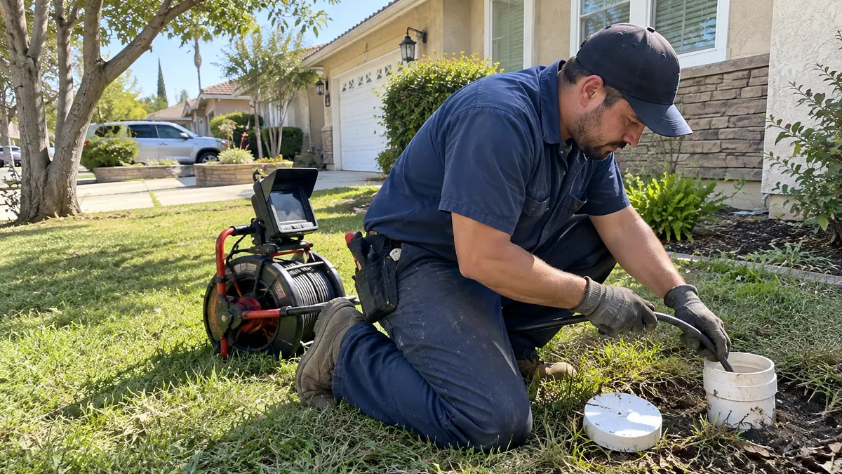 Sewer technician at work on a residential sewer line in Walnut CA