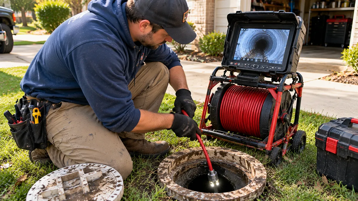 Sewer camera inspection monitor showing pipe interior in Covina CA