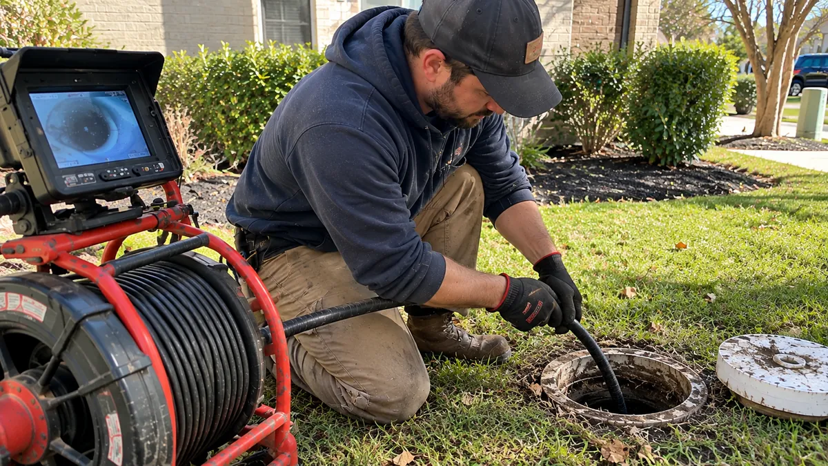 Camera inspection of a sewer line shaded by big Glendora trees