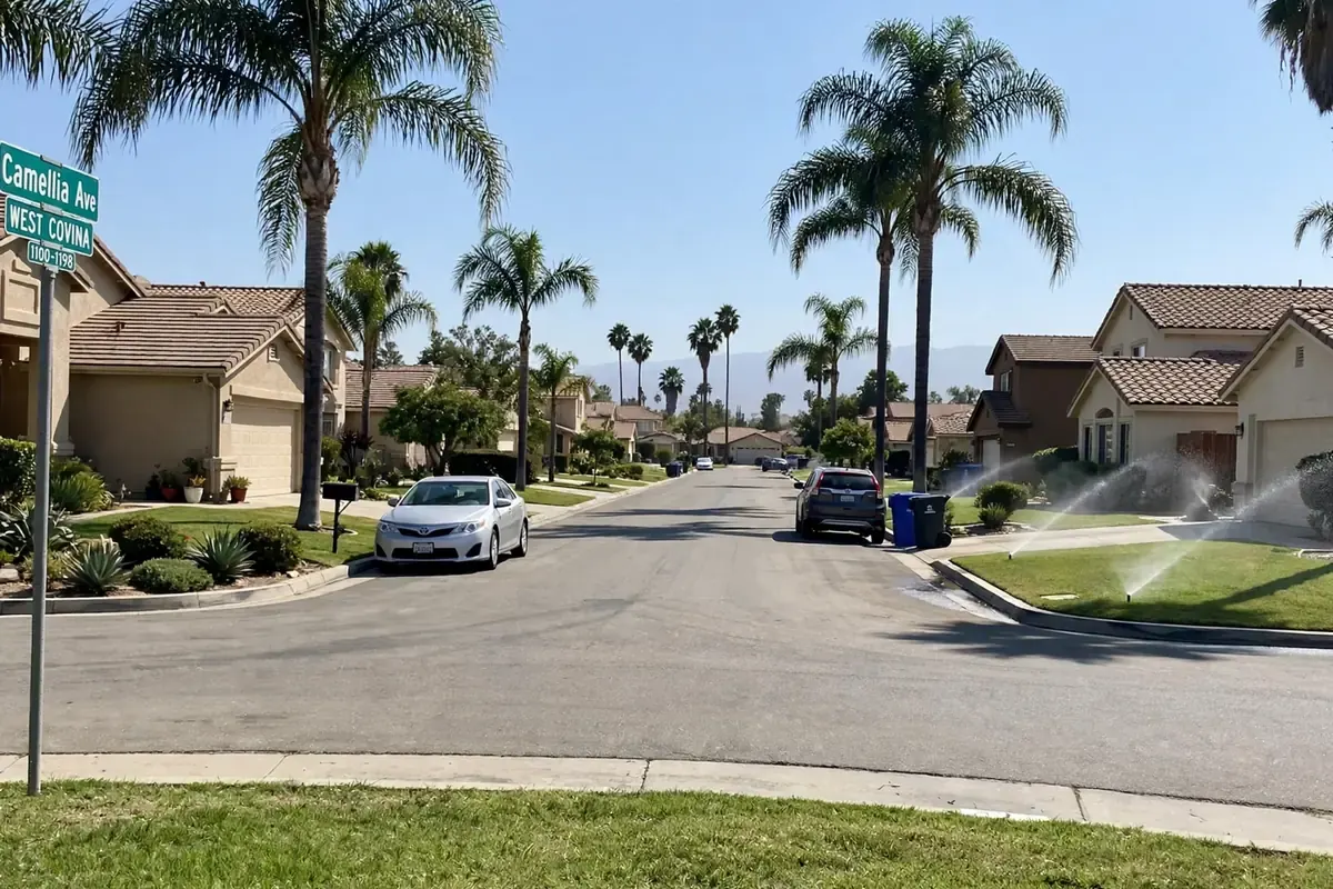 West Covina suburban street with 1960s tract homes and palm trees